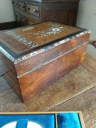 A Antique Inlaid Ladies Jewellery Box Jewel Case boots caddy tray flask 6