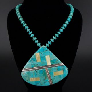 Vtg Sterling Silver - Zuni Andy Abeita Turquoise Shell Heishi Bead Necklace 129g