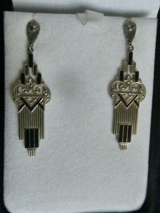 Antique 14k White Gold Art Deco Enamel Dangle Earrings Screw Posts 2 1/8 "