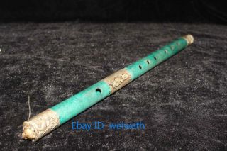Chinese Old Handwork Tibet - Silver Carved Dragon Phoenix Antique Jade Flute