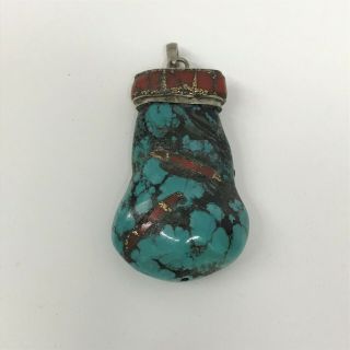 Vintage Sterling Coral Turquoise Tibetan Pendant Large And Very Chunky