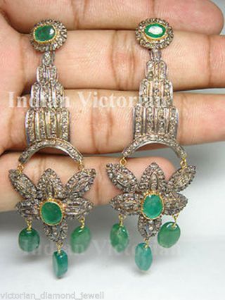 Victorian Style 3.  75ct Rose Cut Diamond & Emerald Earrings