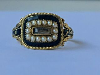 Antique Georgian Mourning Ring 18k Gold With Seed Pearl & Enamel Uk Size S