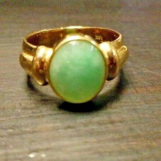 Vintage Estate 14k Yellow Gold Bezel Set Green Jadeite Jade Statement Ring Sz 4
