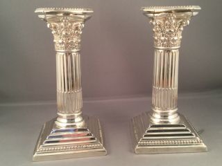 Solid Silver Victorian Corinthian Column Style Candlesticks,  Lond 1885