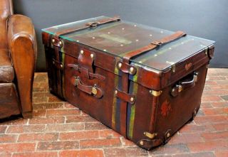 Large Tall Antique Leather Belted Travel Trunk Coffee Table