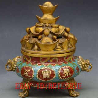 Chinese Antiques Brass Handwork Cloisonne & Gold Ingot Incense Burner L19