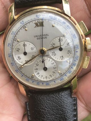 Vintage 14kt Gold UNIVERSAL GENEVE COMPAX CHRONOGRAPH Wristwatch Chrono 1940s 2