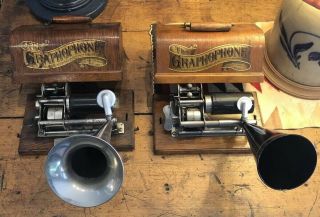 Rare Set Of 2 Antique Cylinder Player Graphophones