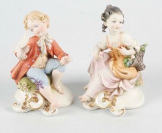 Vintage Pair Guiseppe Cappe Porcelain Figurine - Boy W/ Dove & Girl W/ Flowers