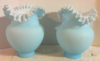 Vintage Pair Art Glass Blue Cased Satin Ruffled Lamp Shade Fenton Wright