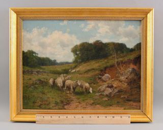 Antique Horace P Giles American Bucolic Country Sheep Landscape Oil Painting,  Nr