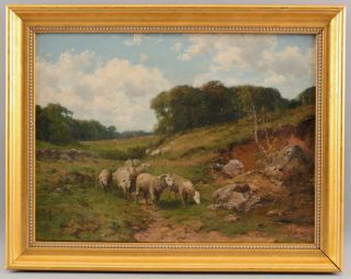 Antique HORACE P GILES American Bucolic Country Sheep Landscape Oil Painting,  NR 2