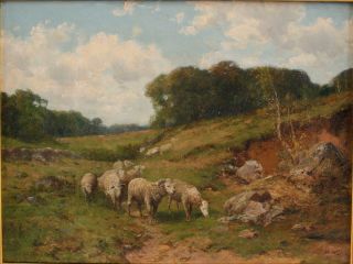 Antique HORACE P GILES American Bucolic Country Sheep Landscape Oil Painting,  NR 3