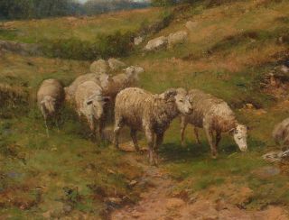Antique HORACE P GILES American Bucolic Country Sheep Landscape Oil Painting,  NR 4