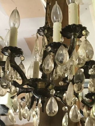 Gorgeous Vintage French 6 Arm Brass Chandelier Light.  Crystal Drops