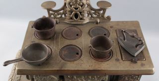 Antique THE QUEEN Nickel - Plated Cast Iron Miniature Toy Stove w/ Pots & Pans NR 4