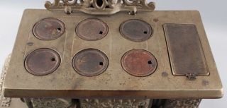 Antique THE QUEEN Nickel - Plated Cast Iron Miniature Toy Stove w/ Pots & Pans NR 6