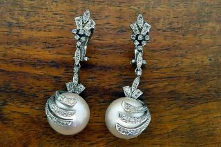 Vintage Palladium Antique Art Deco Mabe Pearl Diamond Filigree Drop Earrings