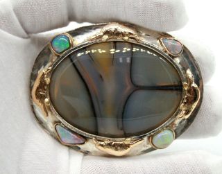 VINTAGE STERLING SILVER & 14K YELLOW GOLD PLATYPUS BELT BUCKLE WITH OPAL & AGATE 2