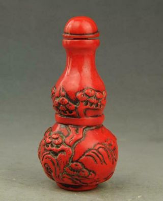 Old Chinese Red Coral Hand - Carved Crane Calabash Form Snuff Bottle A01