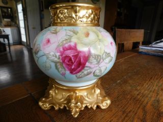 Antique Jpl Jean Pouyat Limoges Hand Painted Vase & Stand - Roses Gold Gilt - France