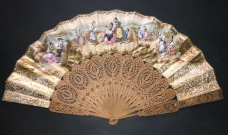 Victorian Hand Carved Wooden Steel Inlay Figural Rococo Style Scene Fan