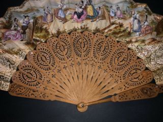 VICTORIAN HAND CARVED WOODEN STEEL INLAY FIGURAL ROCOCO STYLE SCENE FAN 2