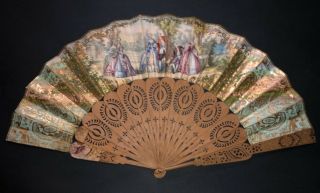 VICTORIAN HAND CARVED WOODEN STEEL INLAY FIGURAL ROCOCO STYLE SCENE FAN 7