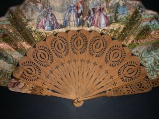 VICTORIAN HAND CARVED WOODEN STEEL INLAY FIGURAL ROCOCO STYLE SCENE FAN 8
