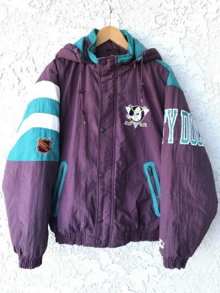 Vintage Anaheim Mighty Ducks Starter Puffer Parka 90s Jacket Sz M Spell Out Logo
