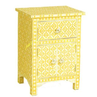 Handmade Solid Wood Bone Inlay Yellow Wooden Antique Indian Bedside Table