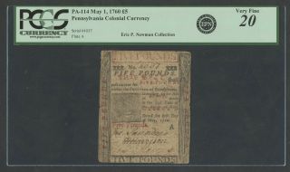 Pa - 114 Ben Franklin 5 Pound Note May 1,  1760 Pcgs 20 Vf Very Rare Wlm7293
