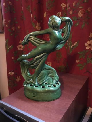 Vintage Art Deco Mid Century Dancing Lady Flower Frog Green Ceramic Figurine
