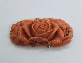 Vintage 18k Yellow Gold Carved Red Coral Flower Pin