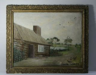 Antique Joseph Pickett Hope Pa Folk Art Log Cabin & Chickens Oil Painting