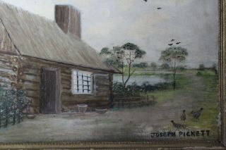Antique Joseph Pickett Hope PA Folk Art Log Cabin & Chickens Oil Painting 2