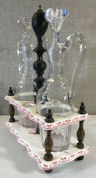 Antique 18th Century FRENCH 2 Piece Red Transfer ware Cruet Crystal Castor Set 4