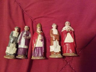 5 - Vtg.  Metal Toy Monks Pope Priest Frenchal Made In France Quiralu Catholic