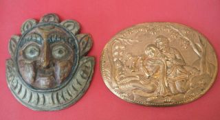 Unusual Small Indian Carved Wooden Painted Face Mask & Copper Plated Plaque Nr