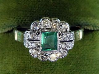 Vintage Palladium Antique Art Deco 1920 Colombian Emerald Diamond Filigree Ring