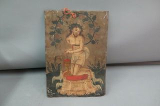 Antique 19th C.  Spanish Colonial Tin Painting Retablo Jesus Vendimia Mistica