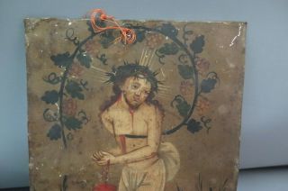 Antique 19th C.  Spanish Colonial Tin Painting Retablo Jesus Vendimia Mistica 2