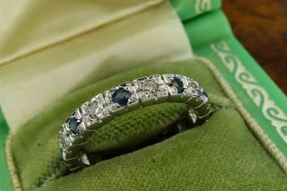 Vintage Palladium Art Deco Sapphire Diamond Eternity Wedding Band Ring Stackable