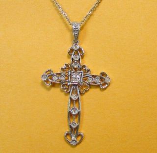 Vintage Ornate 14kt White Gold 1/4cttw Diamond Pierced Filigree Cross Necklace