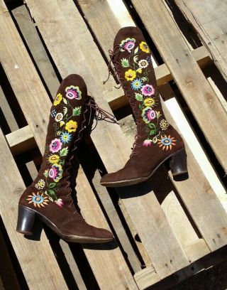 Vintage 60s 70s Jerry Edouard Penny Lane Boho Tall Laced Embroidered Suede Boots