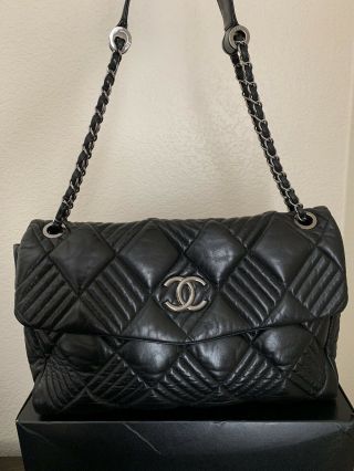 Authentic Rare Chanel Aubergine Lambskin In & Out Maxi Flap Black Handbag