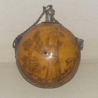 Rare 17th - 18th C Silver Mounted Carved Gourd Perfume Bottle With Female Figure