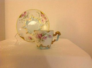 Antique T&v Limoges Hand Painted Demitasse Cup And Saucer 1892 - 1907