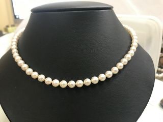 Estate Mikimoto Sterling Silver Clasp Pearl Necklace 16” Long 6 Mm